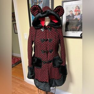 Red and black polka dot coat with fur trim and ears- size XS